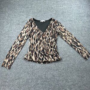 Madison + Hudson Leopard Print Ruched Wrap Top Womens L Stretch Long Sleeve